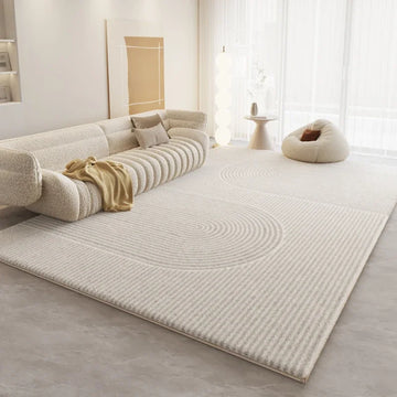 tapis moderne rayures horizontales spirales concentriques beige clair feutre polyester antidérapant salon chambre coucher