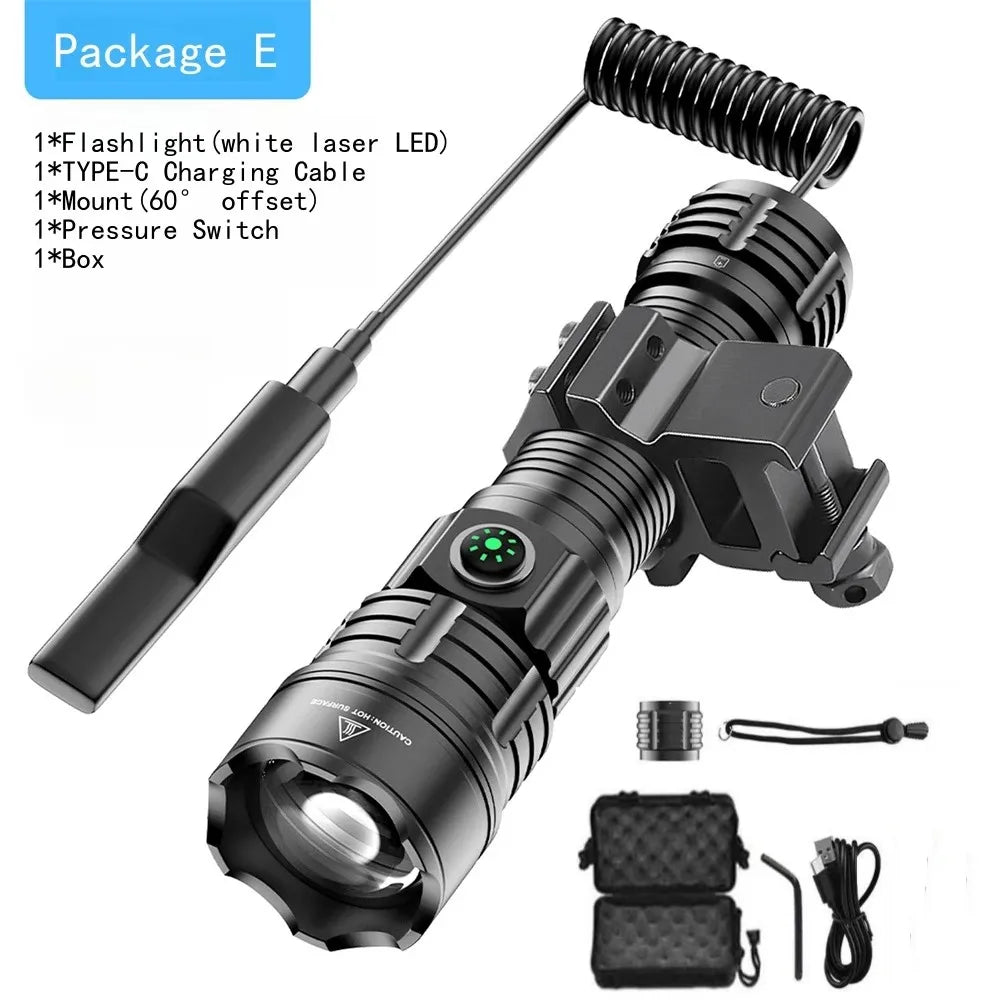 lampe torche rechargeable led noire moderne camping 500m lumiere intense durable sac transport cable
