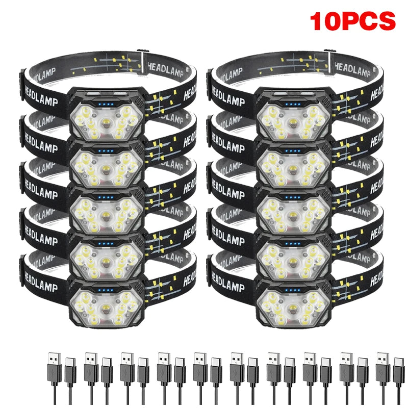 lampe frontale noire rayures jaunes led motion sensor ceinture ajustable camping