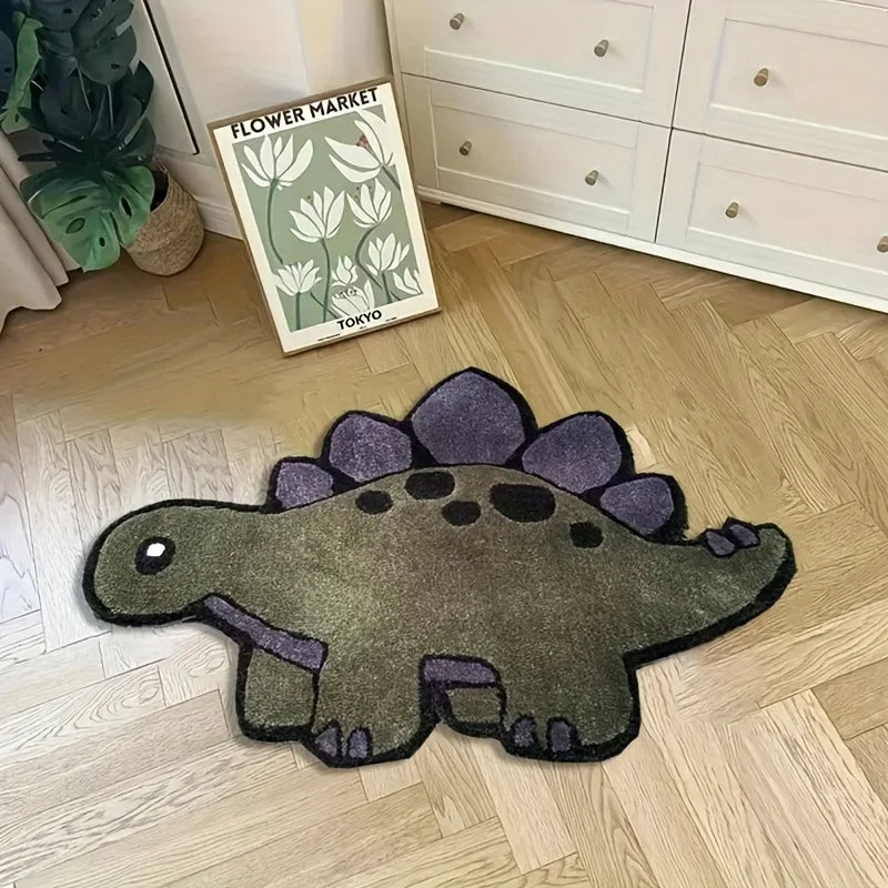 tapis vert foncé violet motif dinosaure écailles salle bain intérieur maison décoration enfantin