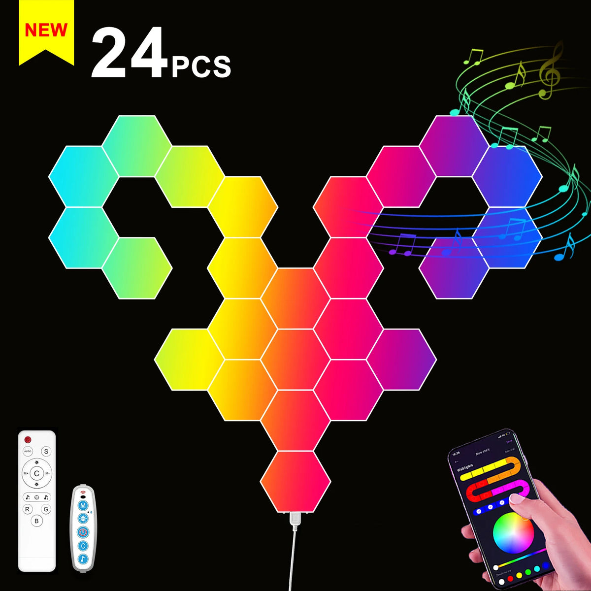 lampe murale hexagonale multicolore diy clips application mobile moderne gradation couleurs veilleuse led