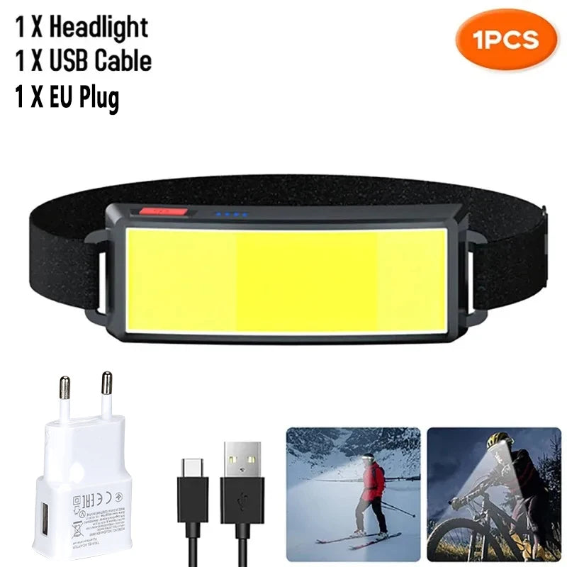 lampe frontale led cob rechargeable usb batterie intégrée indicateur puissance mode ajustable ceinture camping