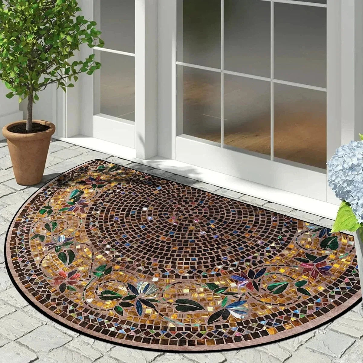 tapis d'entrée moderne mosaïque motifs floraux antidérapant extérieur noir marron beige vert blanc