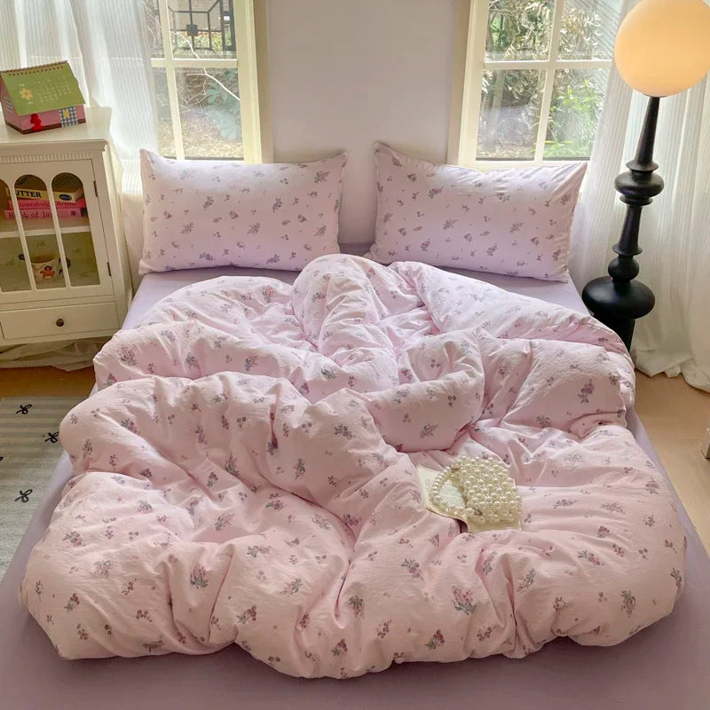 parure lit fille housse couette fleurs coeurs doux pastel coton polyester