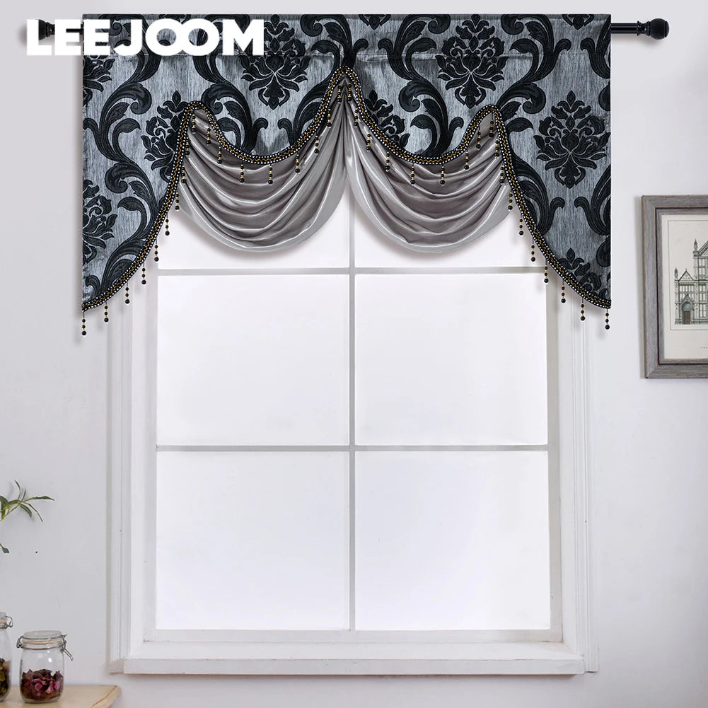rideau fenêtre floral damassé semi transparent gris beige tissu polyester texturé glands classique 135x75cm