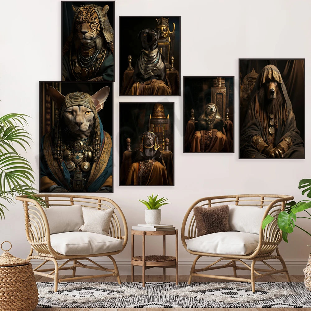 Une collection d'œuvres d'art mystiques représentant des animaux et des personnages dans un style sombre et dramatique, décorée dans un salon cosy avec des meubles en rotin.