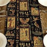 tableau chemin table lin égyptien motifs hiéroglyphes oiseaux noir or rouge bleu classique