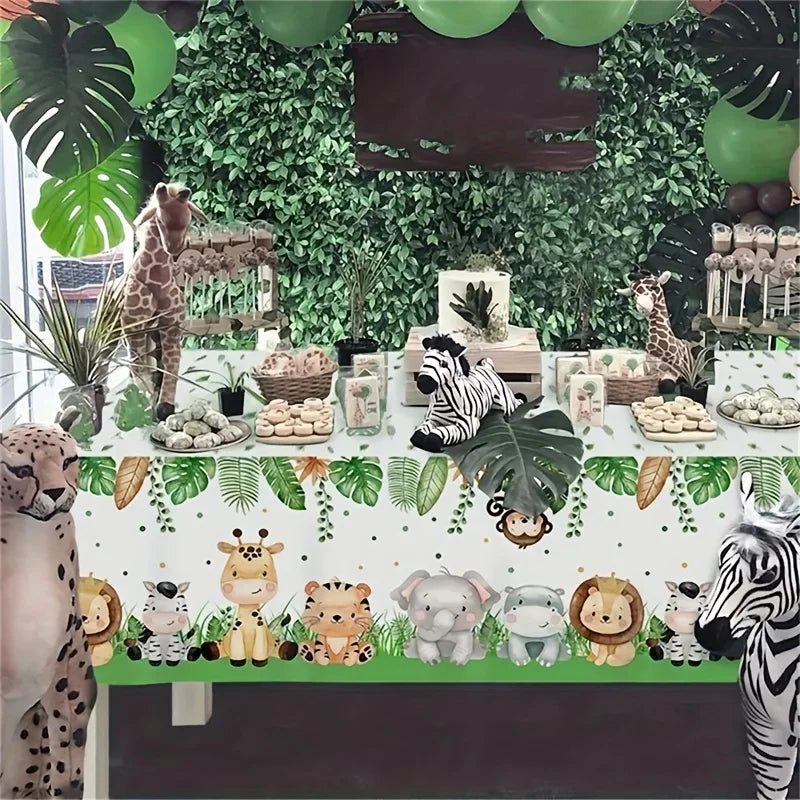 nappe rectangulaire animaux jungle décoration anniversaire éléphant girafe zèbre lion feuilles tropicales modernereuse maison