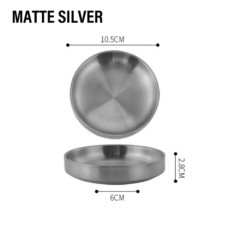 assiettes rondes inox lisses modernes argent doré sauces snacks transparentes maison restaurant