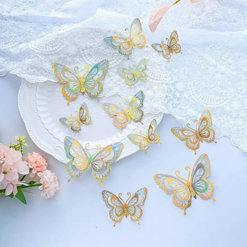 papillons décoratifs transparents effet holographique adhésifs 3d élégants rose vert bleu doré pack 12