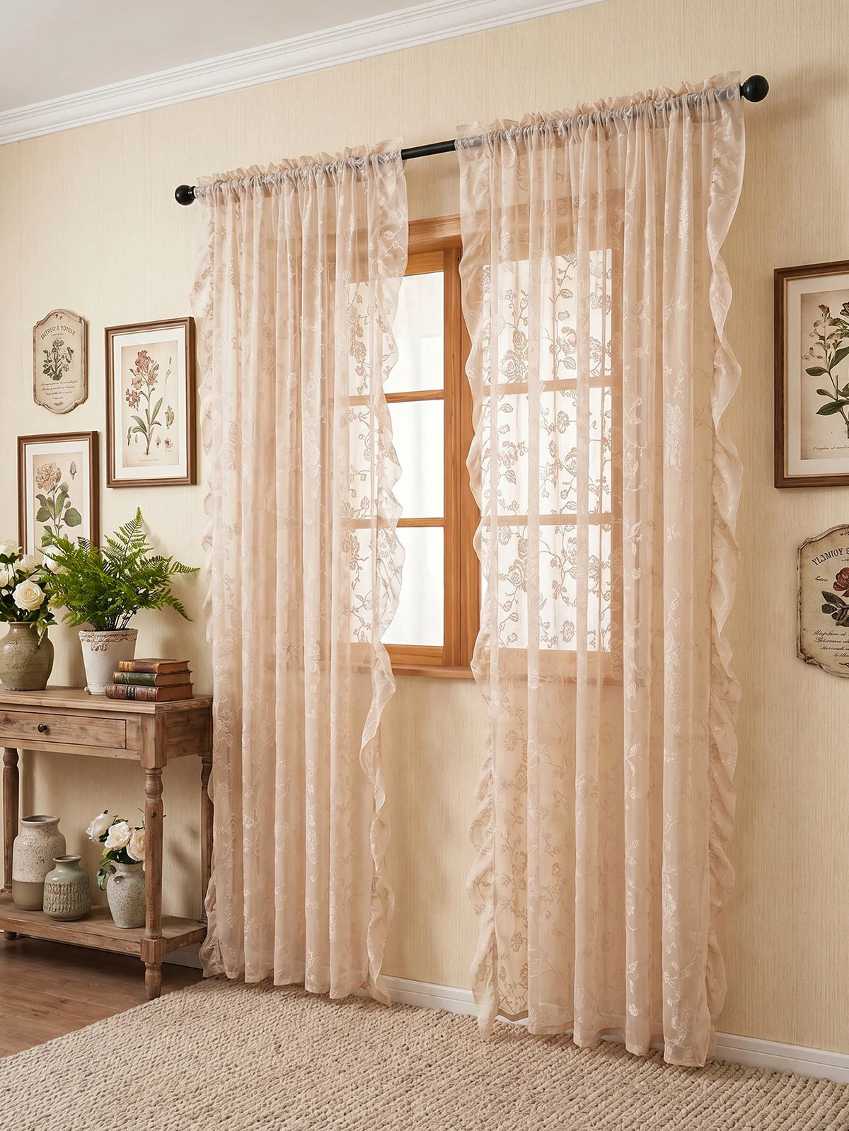 rideau floral brodé beige clair classique romantique translucide fenêtre décoration polyester