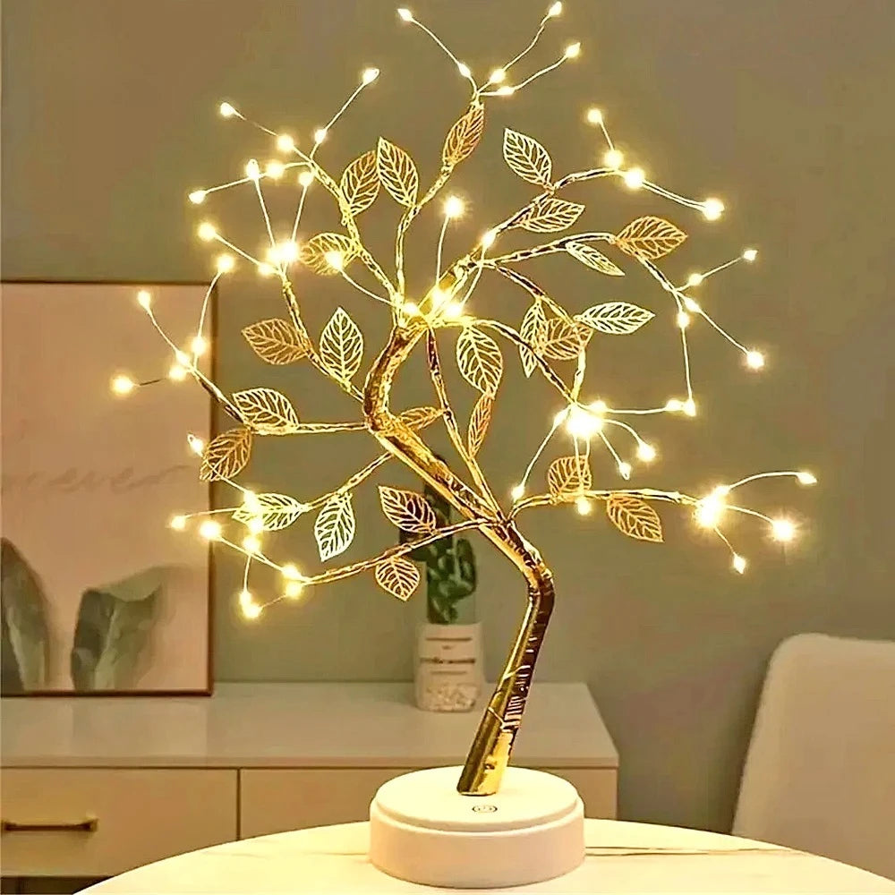 arbre lumineux decoratif feuilles dorées fleurs roses or contemporain interrupteur piles aaa interface usb