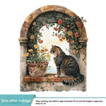 autocollant mural vintage paysage fenêtre volets bleus plantes vertes guirlande fleurs chat niche naturel