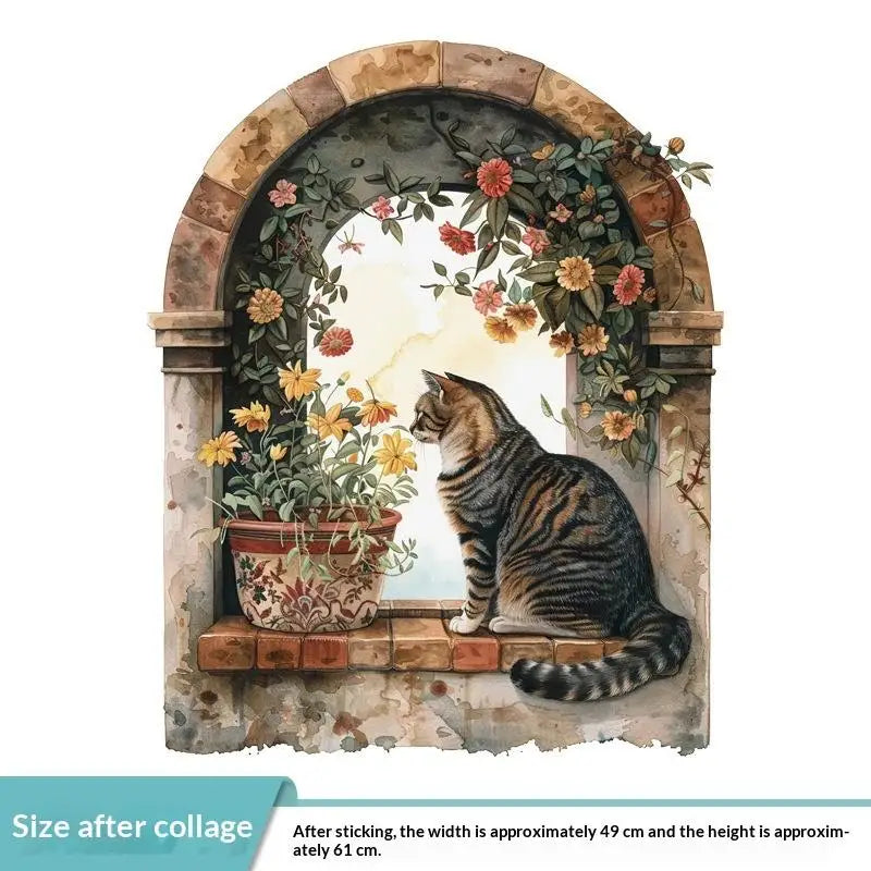 autocollant mural vintage paysage fenêtre volets bleus plantes vertes guirlande fleurs chat niche naturel