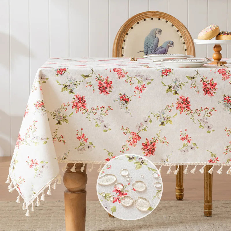nappe table rectangulaire coton fleurs pompons bordure décorative pastoral maison mariage