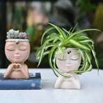 pots décoratifs résine tête féminine succulentes fleurs herbes bohème zen blanc rose vert