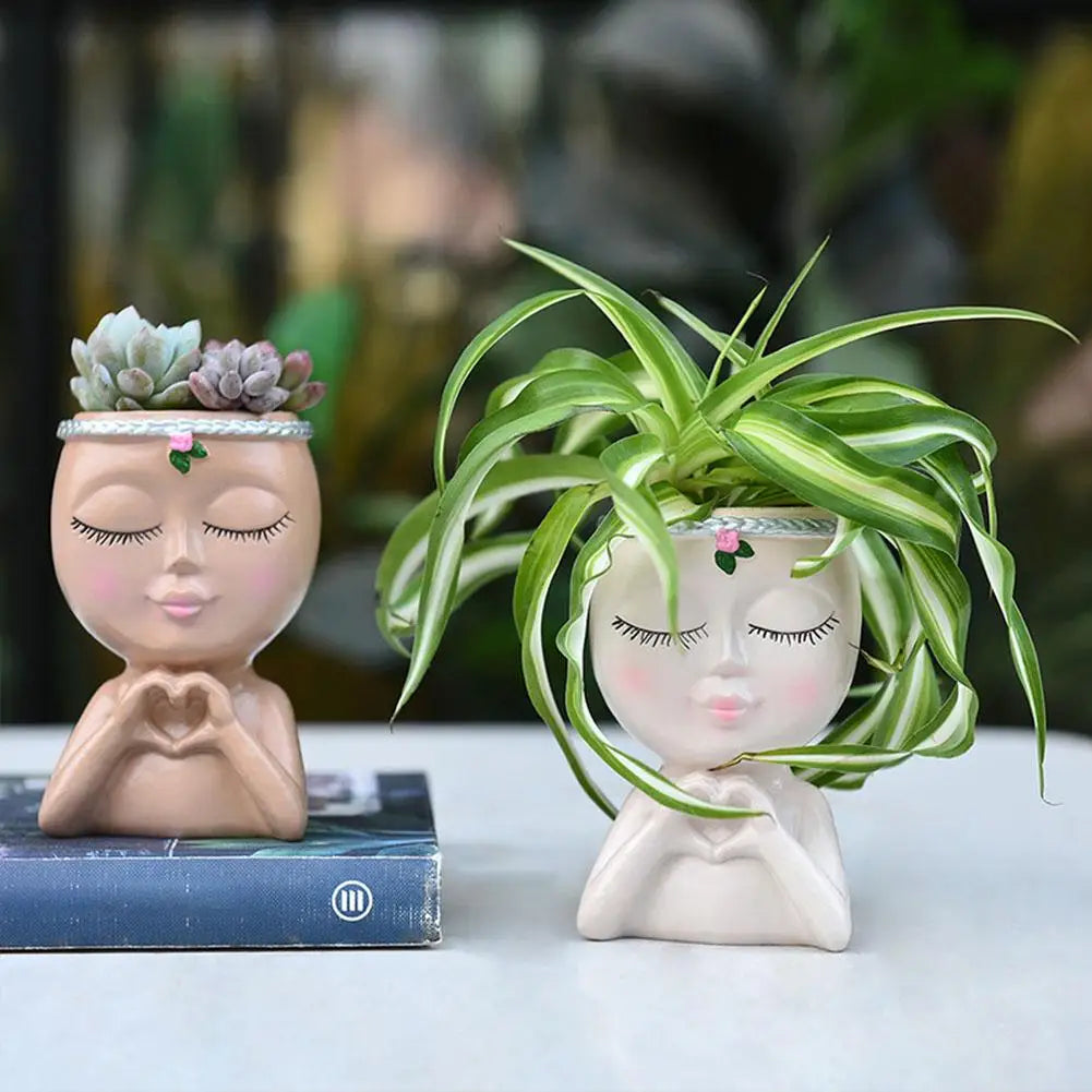 pots décoratifs résine tête féminine succulentes fleurs herbes bohème zen blanc rose vert