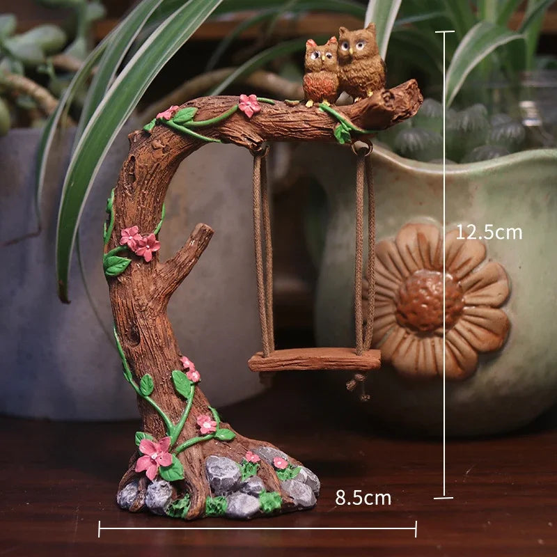 sculpture miniature artisanale arbres feuilles oiseaux balançoire pierres fleurs naturelextérieur jardin decoration résine