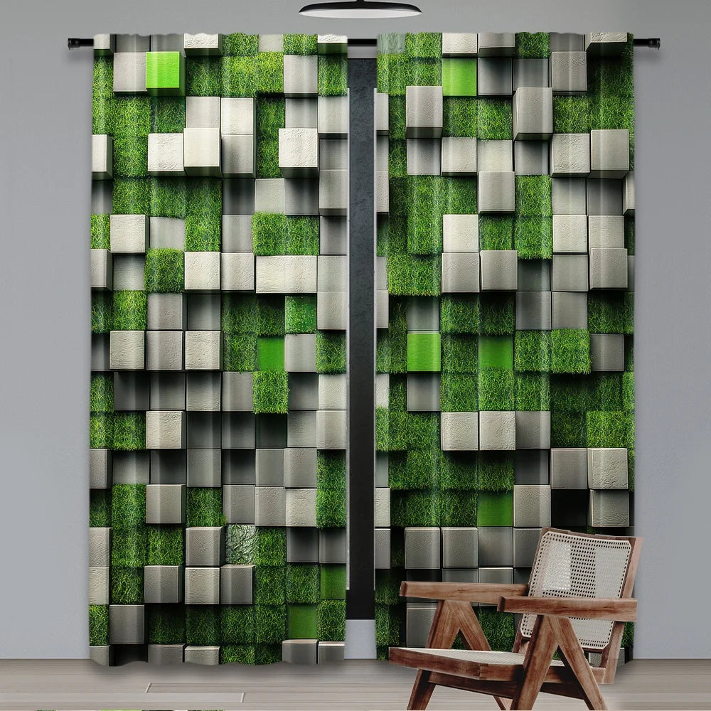 rideau polyester moderne carreaux géométriques vert gris noir opaques 29x65in 41x90in 51x82in