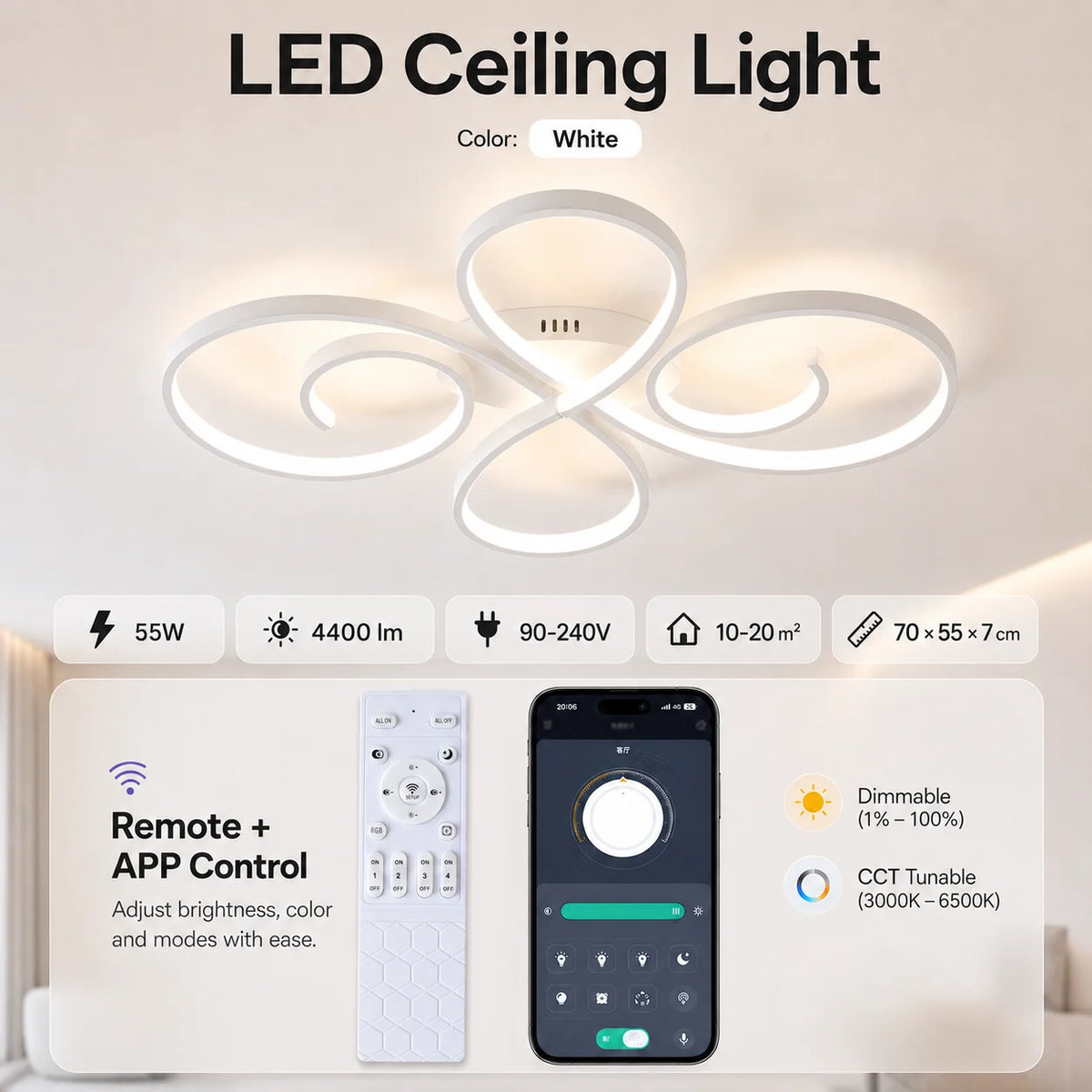 plafonnier led moderne blanc noir or spirales télécommande app variable