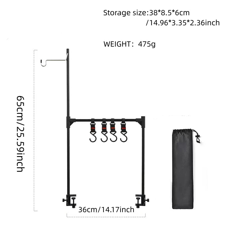 support rangement camping aluminium noir boite vaisselle pique nique suspendu lampe théière