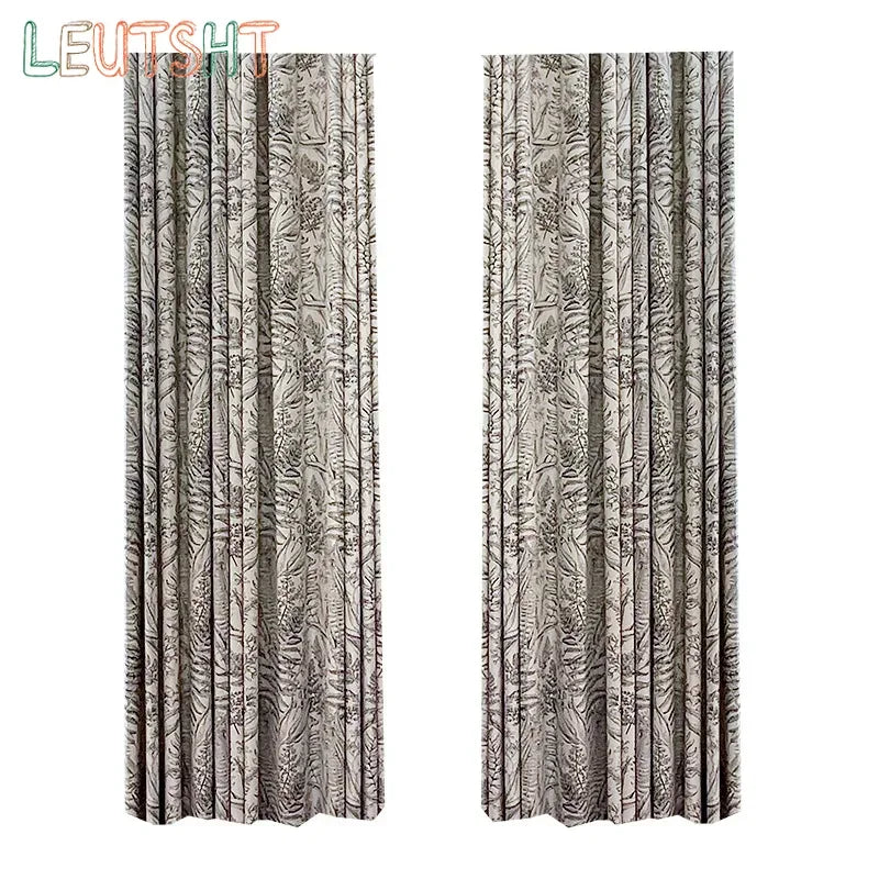 rideau épais vert clair gris motif fleurs feuilles salon chambre classique romantique moderne