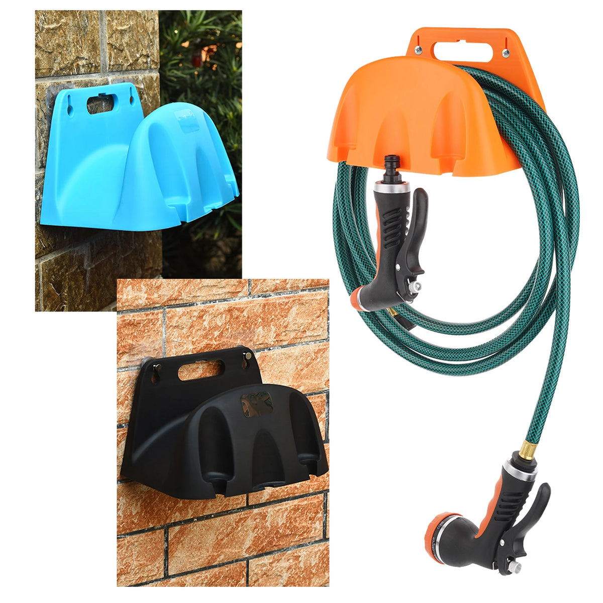 support mural tuyau d'arrosage orange noir bleu robuste anti corrosion fixations