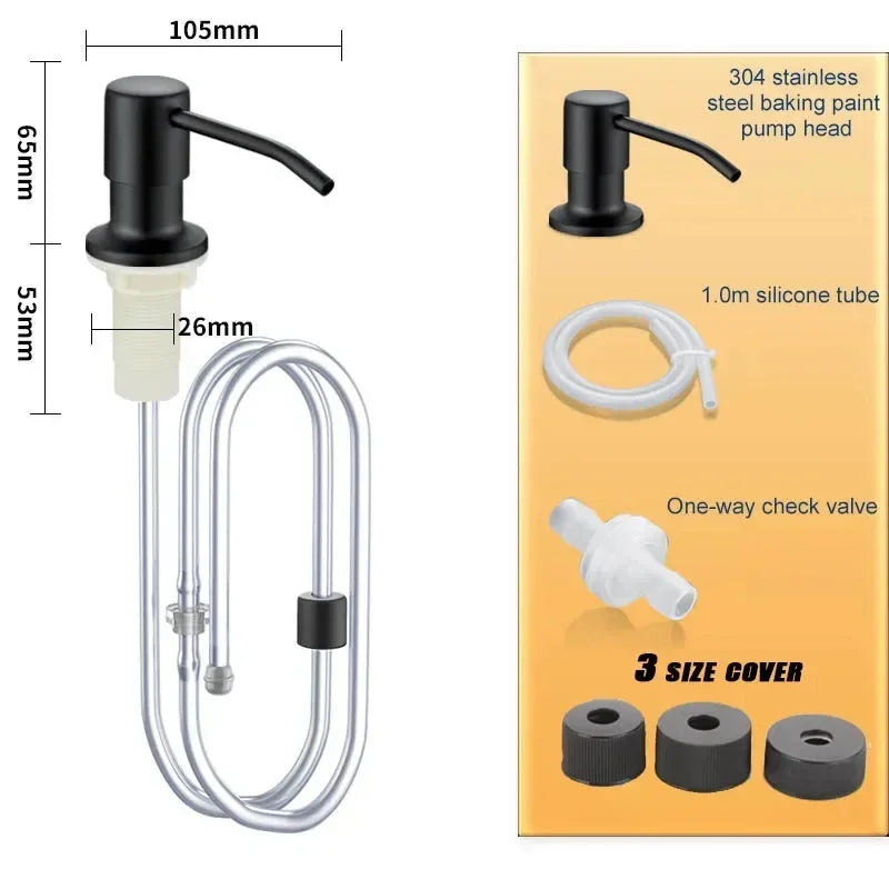 distributeur savon liquide argenté noir moderne fixation vis tube silicone bouchon valve sécurité flacon