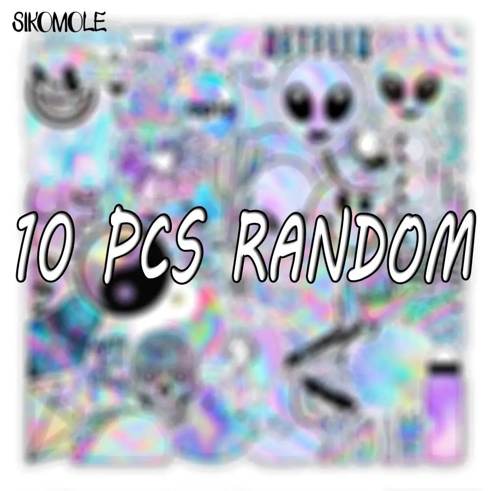 stickers holographiques assortiment violet rose bleu motifs véhicules animaux alimentos symboles personnages adhésifs