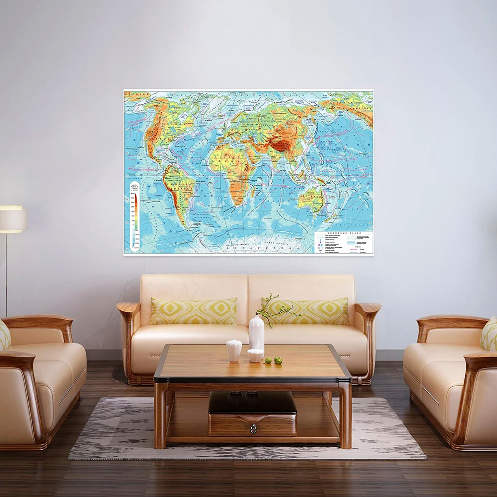 carte monde russe bleu orange vert géographique éducative mur 150x100cm fixée salon chambre
