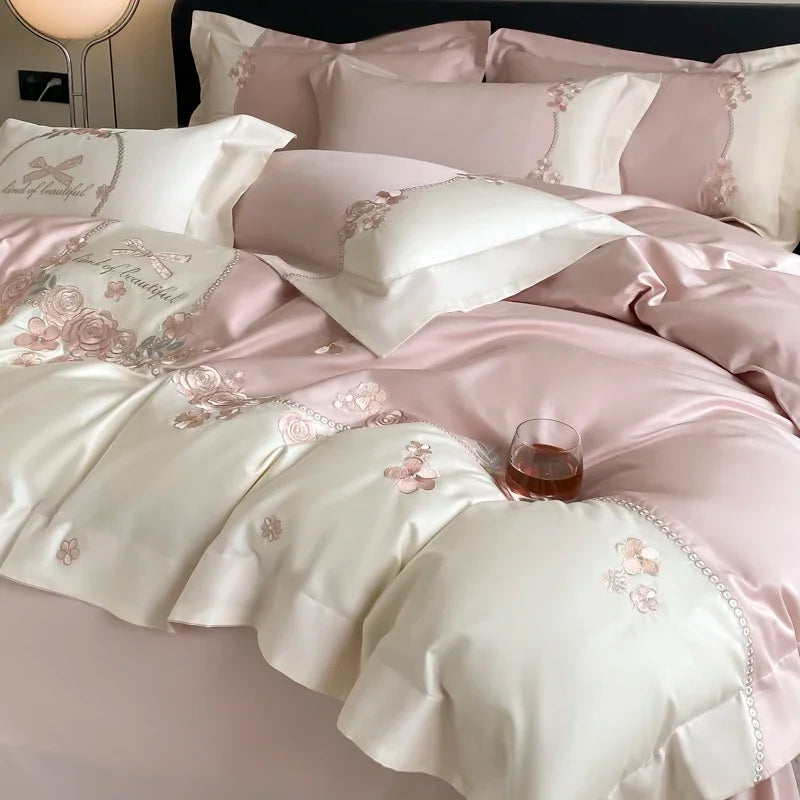 ensemble literie rose clair broderies florales 100 coton satiné élégant full queen king