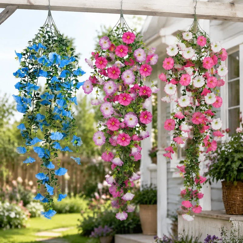 fleurs artificielles petunia suspendues extérieur jardin décoration mur moderne feuilles eucalyptus rose bleu orange