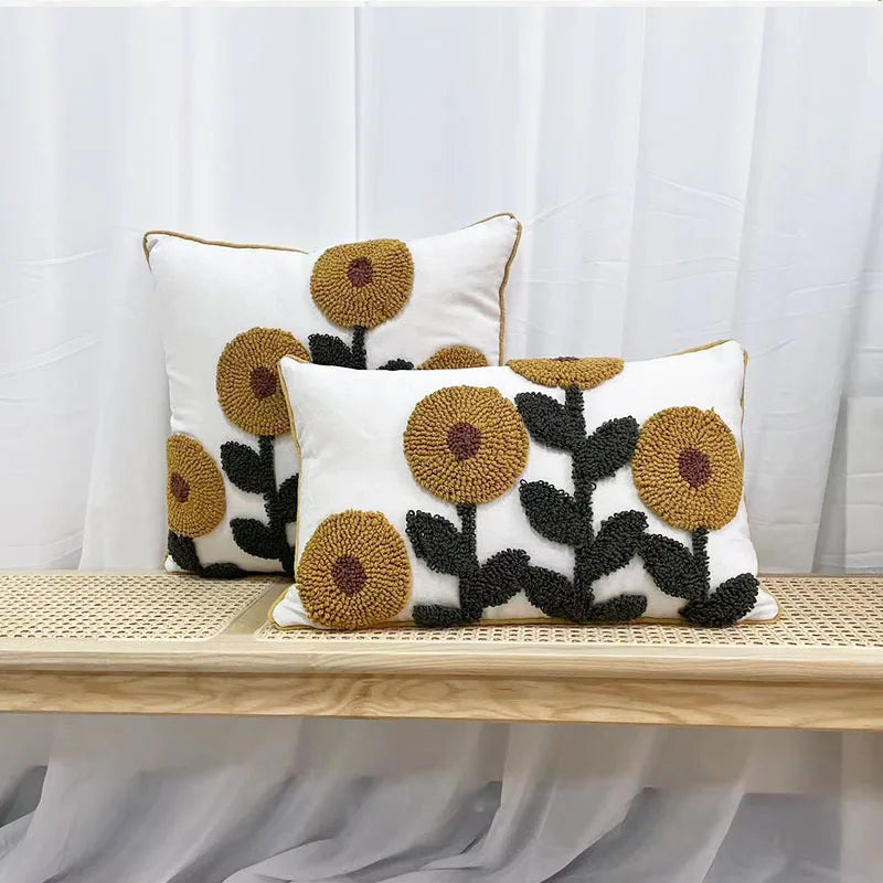 coussin tufté brodé fleur nordique moderne 100 polyester blanc vert marron jaune adhésif décoration