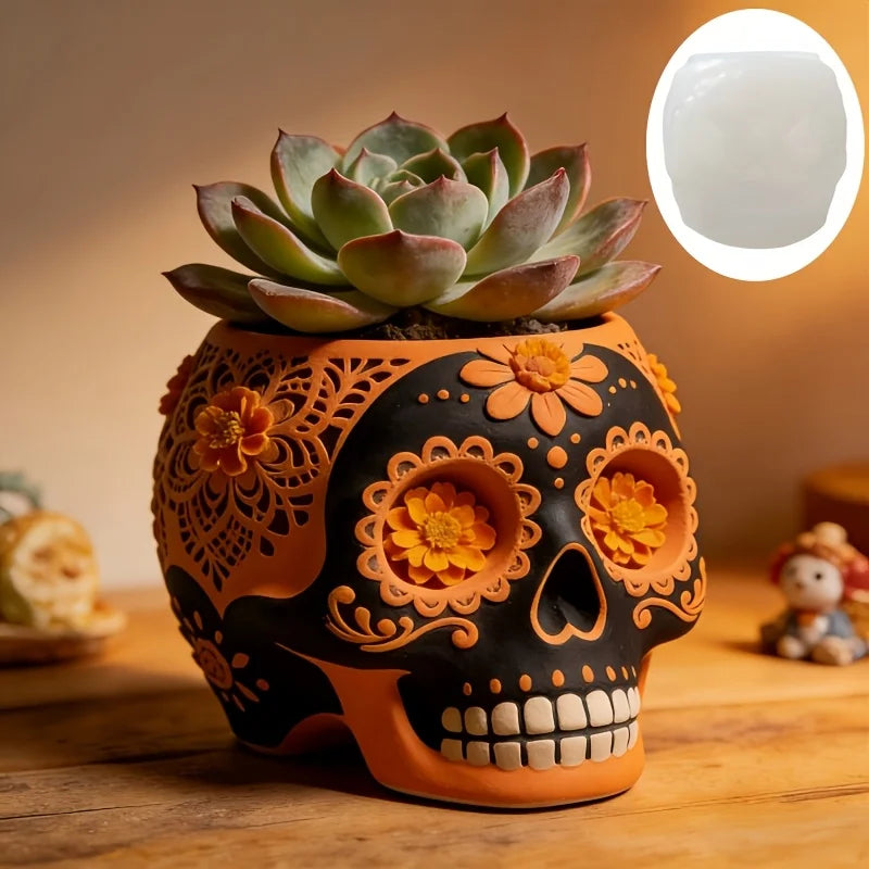 moule silicone cache pot crâne fleurs décoratif résine plante succulente jardin objet artisanal noir
