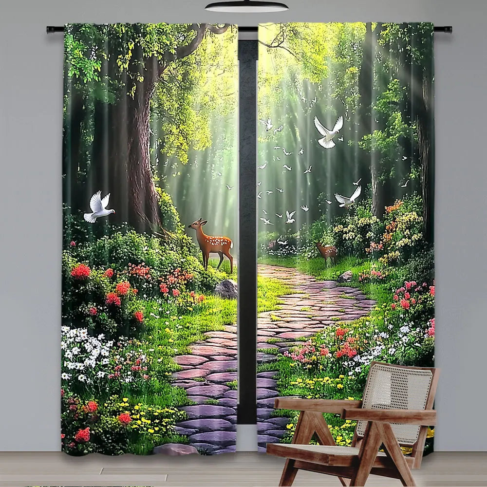 rideau polyester naturel vert arbres fleurs oiseaux cerf sentier opacité salon chambre cuisine