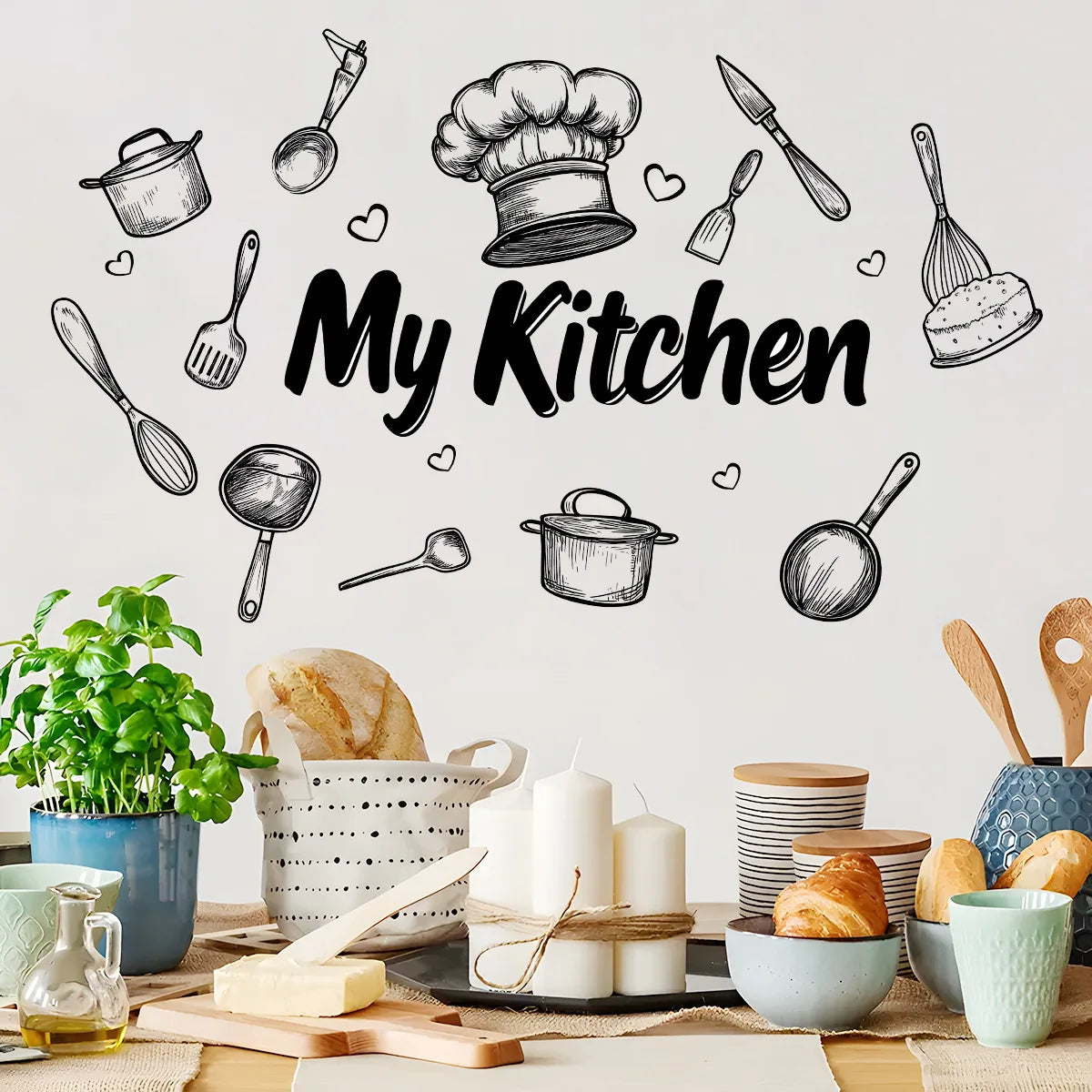 autocollant mural pvc noir ustensiles cuisine my kitchen dessin animé adhésif décoration maison