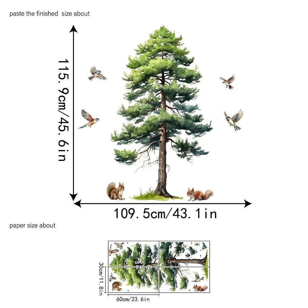 autocollant mural illustration arbre oiseaux écureuils plantes décoration chambre enfant crèche jeu vert brun