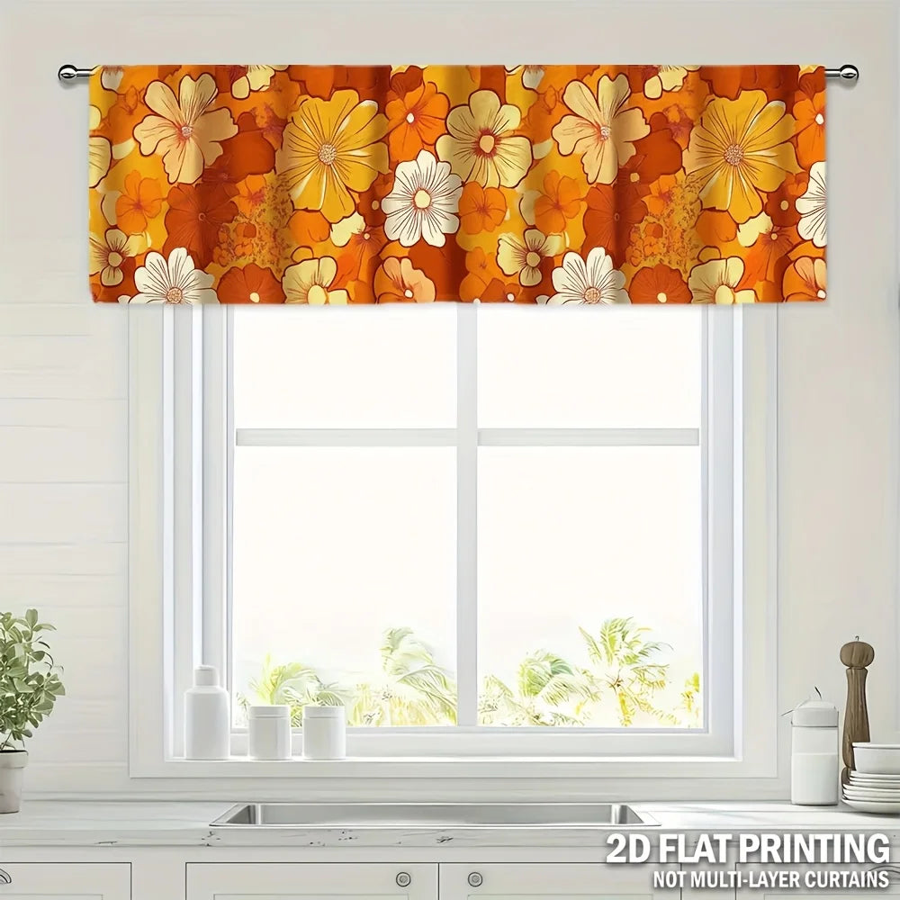 rideau fenêtre vintage motif floral orange blanc marron décoration rétro tringle murale machine lavable