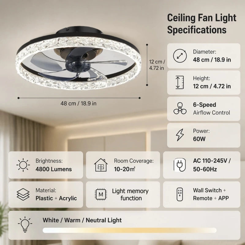 ventilateur moderne lumière led vitesses télécommande cristal blanc