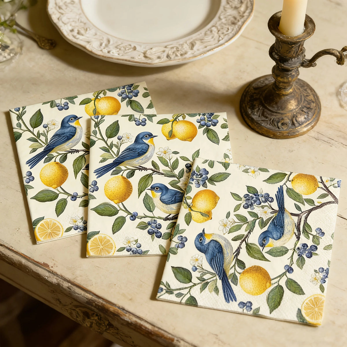 serviettes papier motif oiseaux citrons fleurs bleu jaune vert blanc 20 40 60 pièces
