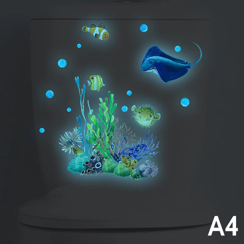 sticker mural sous marin multicolore poissons coraux dauphin cartoon opaques salle bain