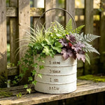 Pot fleurs vintage vert bleu blanc motif étiquette hauteur 22cm largeur 12cm