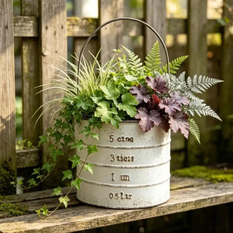 Pot fleurs vintage vert bleu blanc motif étiquette hauteur 22cm largeur 12cm