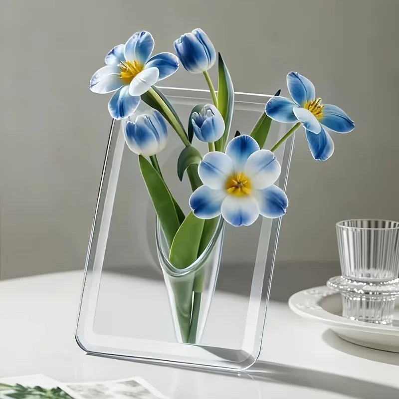 vase transparent acrylique moderne rectangulaire arrondi fleurs artificielles photo cadreœuvre art certificat