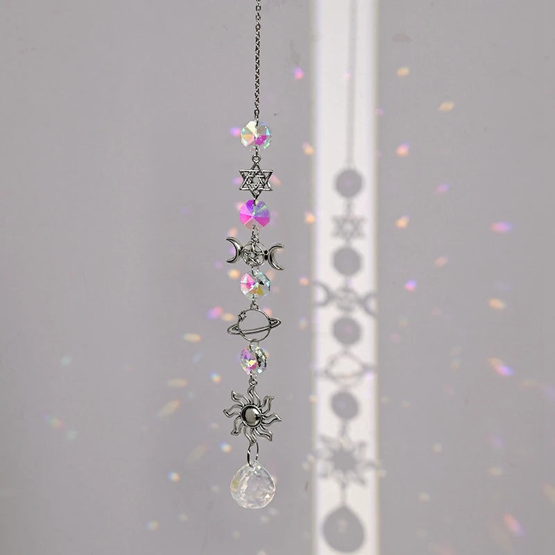 pendentif boho cristal multicolore soleil lune étoiles cosmique or argent