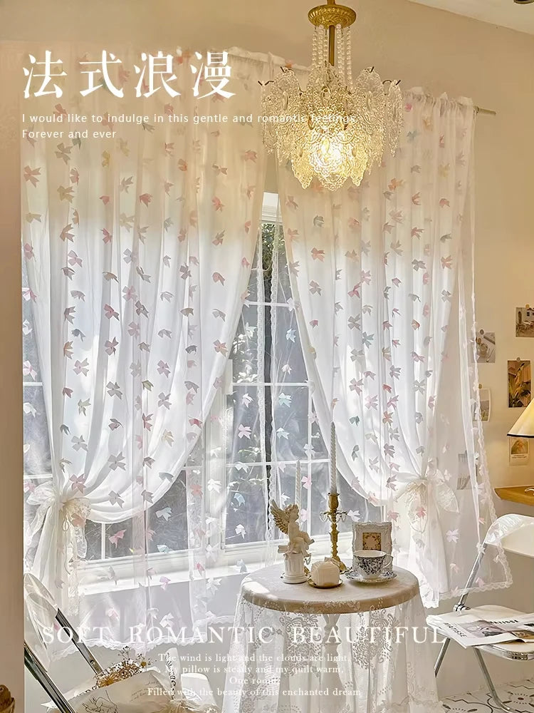 rideau transparent feuilles stylisées romantique blanc rose vert chambre hospitalité