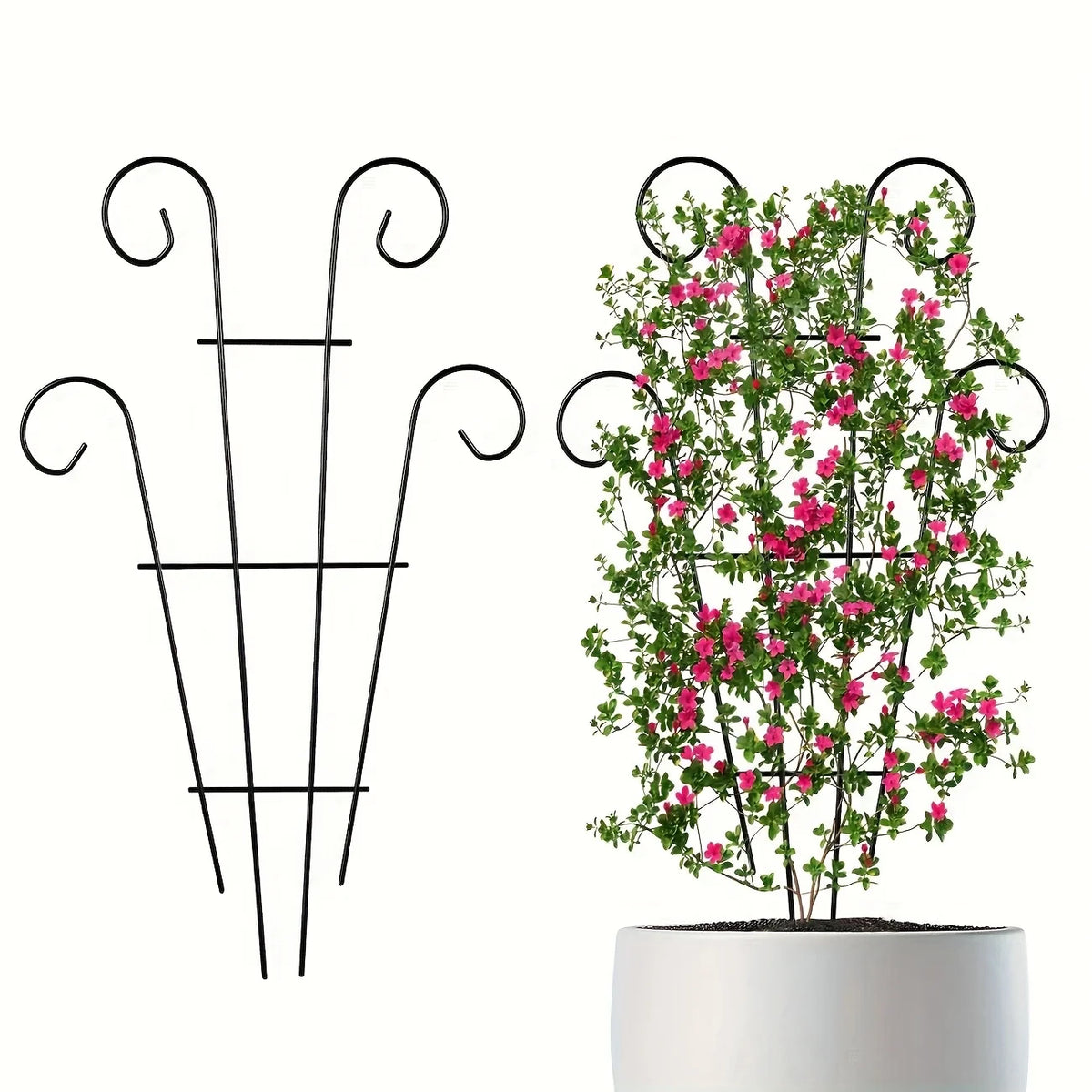 Support en fer noir pour plantes grimpantes dans un jardin