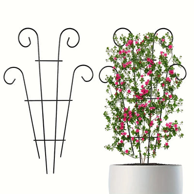 Support en fer noir pour plantes grimpantes dans un jardin