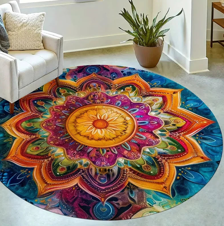 tapis rond moderne boho multicolore géométrique salon chambre doré bleu noir fleur mandala adhésif