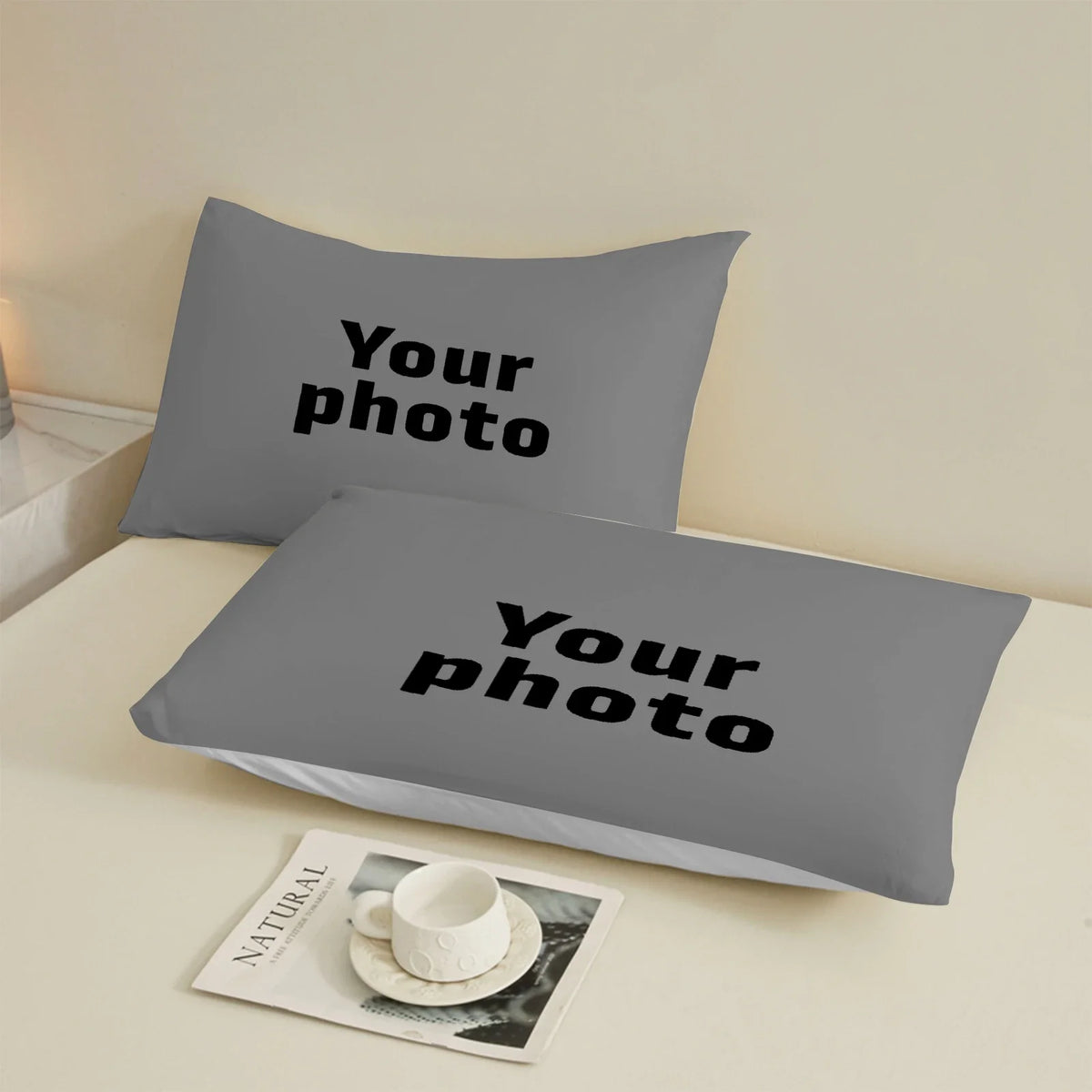 ensemble couette personnalisable gris blanc impression 3d moderne minimaliste deux taies d'oreiller polyester brossé